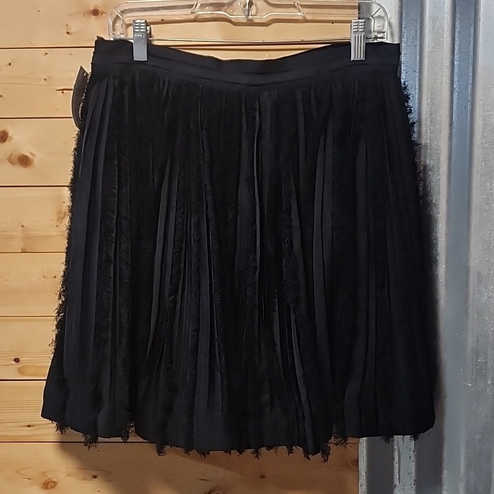 H&M Black Pleated Chiffon Fringe Ribbon Trim Coquette Mini Skirt Size 10 NWT